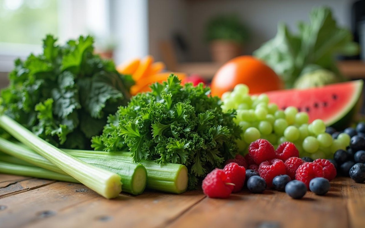 Table de cuisine avec des légumes verts et des fruits pour la santé rénale.
