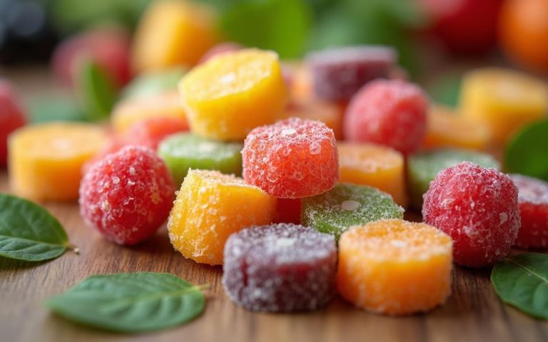 Assortiment coloré de bonbons sans sucre sur une table en bois avec des fruits frais.