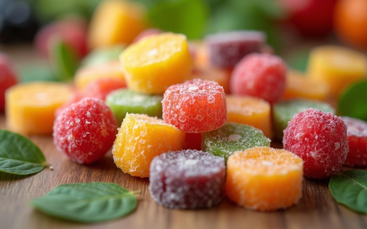 Assortiment coloré de bonbons sans sucre sur une table en bois avec des fruits frais.