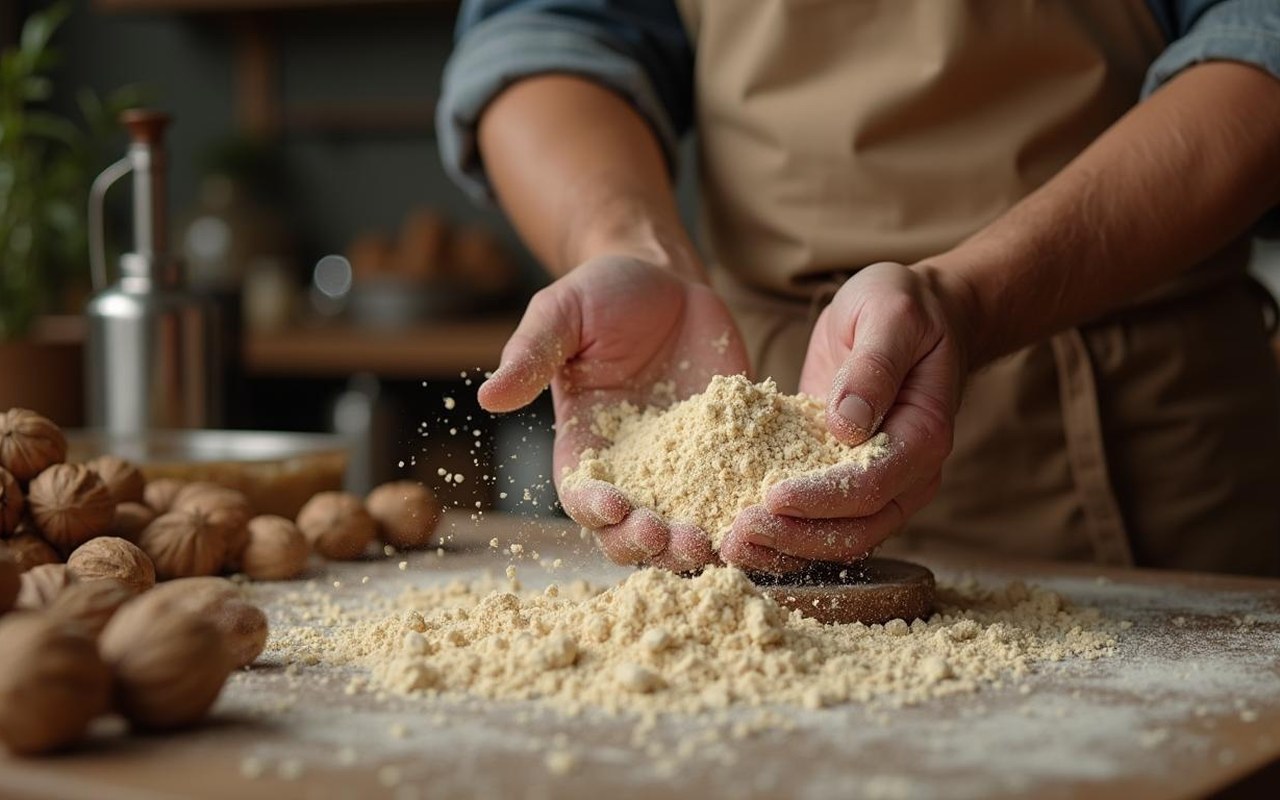 Artisan préparant de la farine de noix dans une cuisine rustique avec des noix et des ustensiles traditionnels.