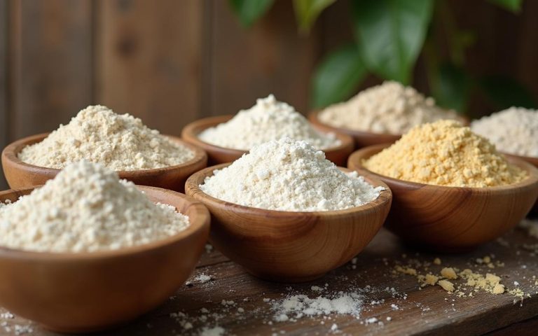 Assortiment de farines avec étiquettes d'indice glycémique sur une table en bois.