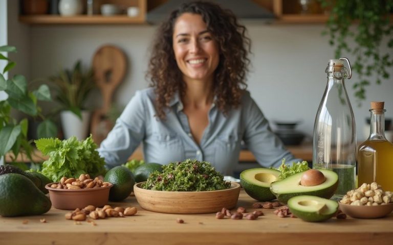 Personne avec des aliments sains et de l'eau pour surmonter la fatigue du régime cétogène.