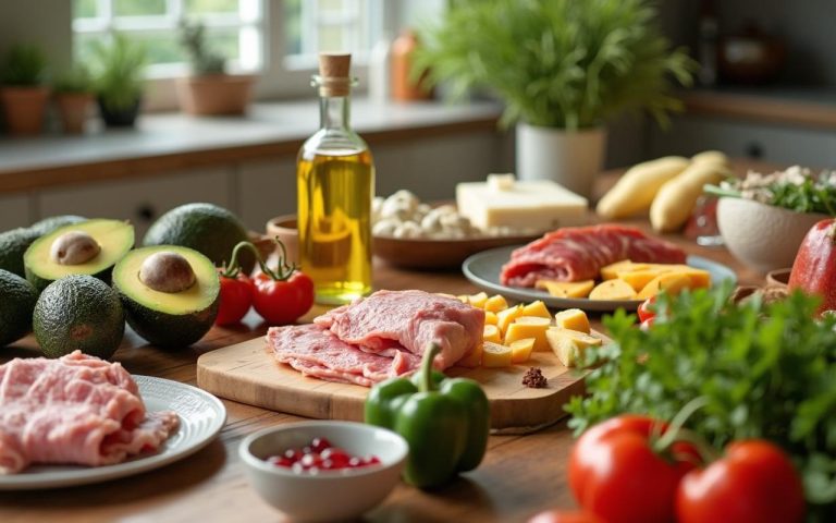 Table de cuisine avec des aliments cétogènes variés comme avocats, huiles, viandes et légumes.