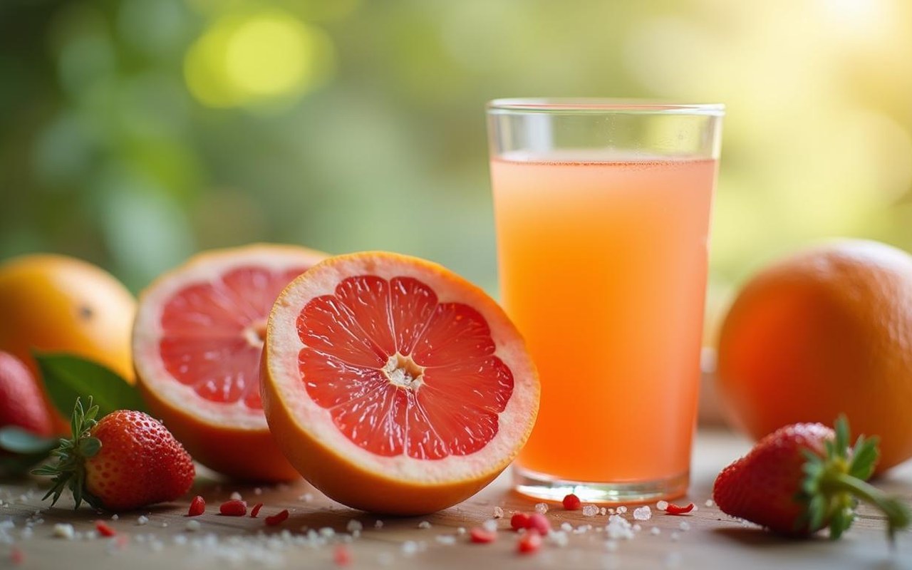 Petit-déjeuner sain avec pamplemousse frais et jus, illustrant ses bienfaits nutritionnels.