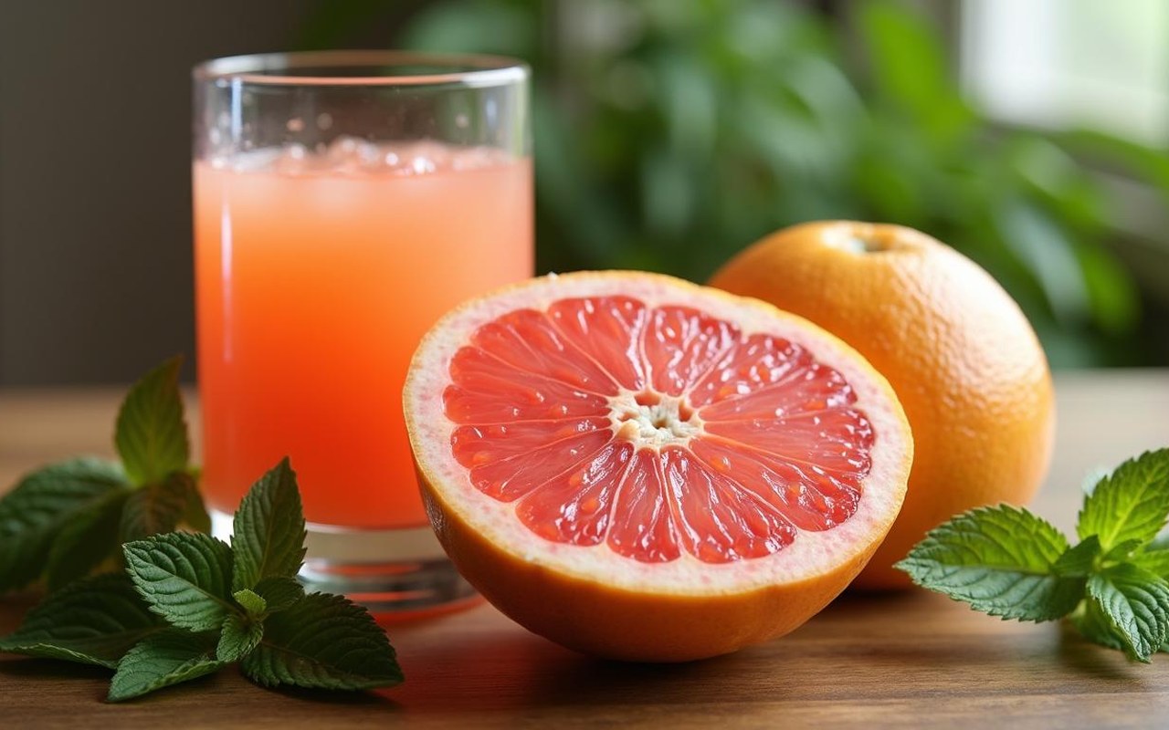 Un pamplemousse frais coupé avec un verre de jus à côté, symbolisant ses bienfaits pour la santé.
