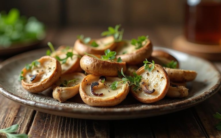 Plat de pleurotes cuisinés avec des herbes fraîches sur une table en bois.