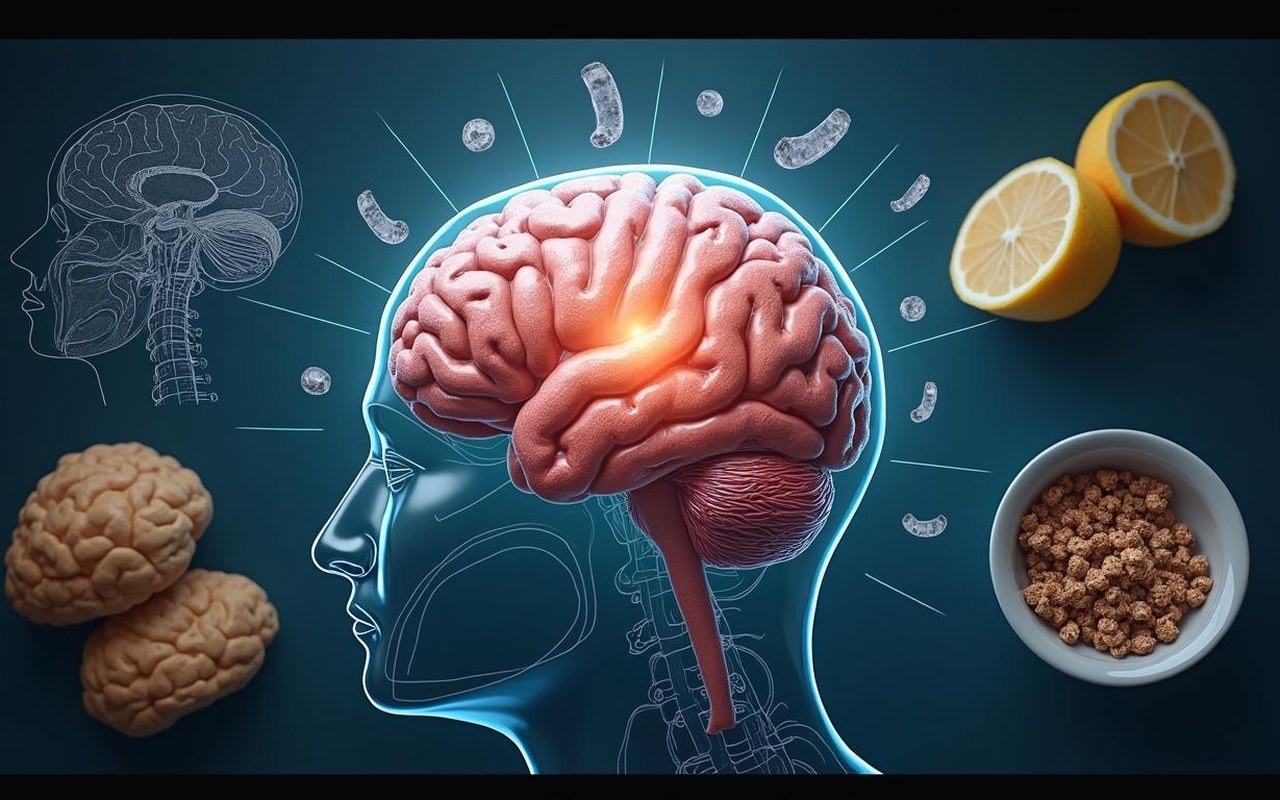Cerveau humain stylisé avec des symboles de graisses et de corps cétoniques, illustrant les bénéfices du régime cétogène.
