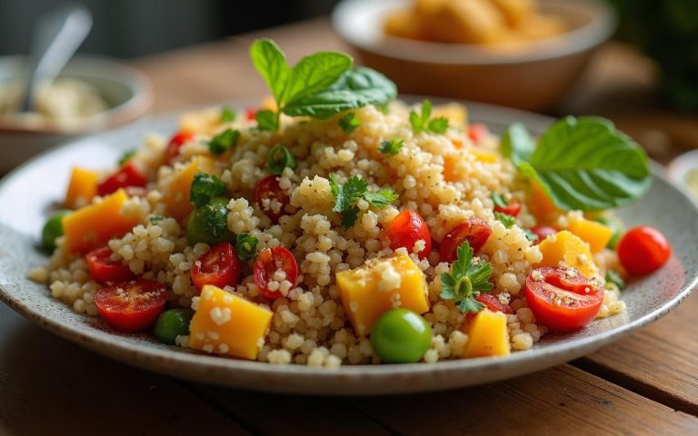 Plat de quinoa coloré avec légumes et fruits, symbole d'un régime sain.