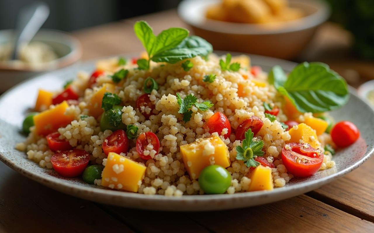 Plat de quinoa coloré avec légumes et fruits, symbole d'un régime sain.