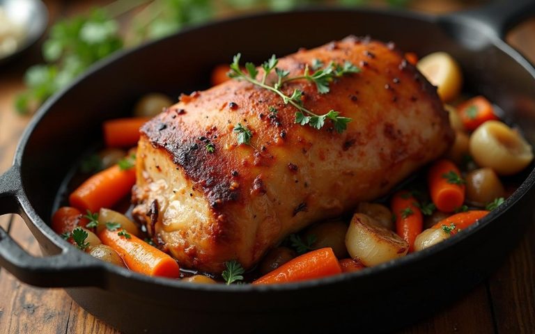 Rôti de porc doré avec légumes racines dans une cocotte en fonte sur une table rustique.