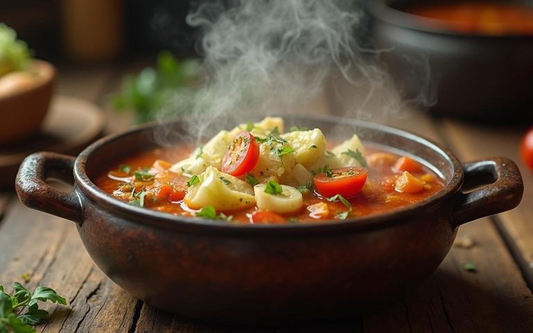 Casserole de soupe brûle graisse avec chou et légumes frais sur une table en bois.