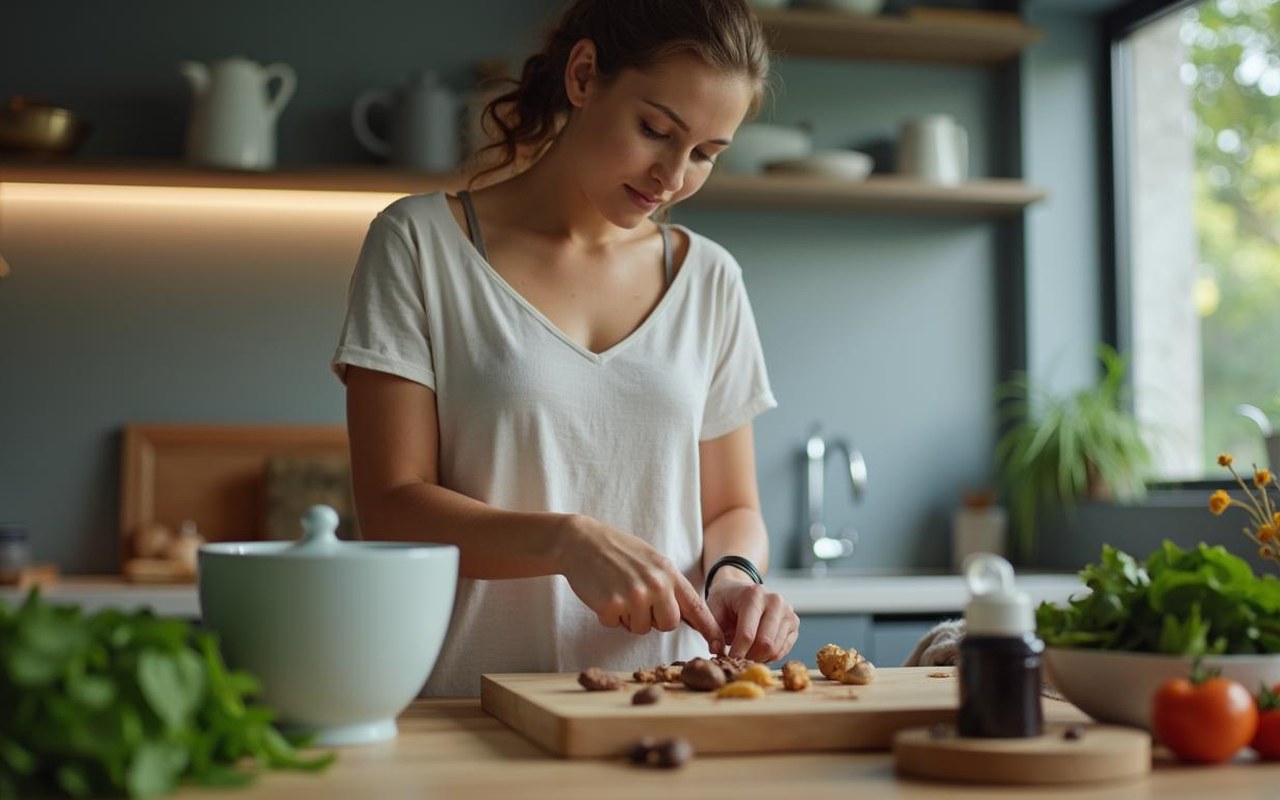 Laura découvrant des aliments riches en magnésium dans sa cuisine moderne