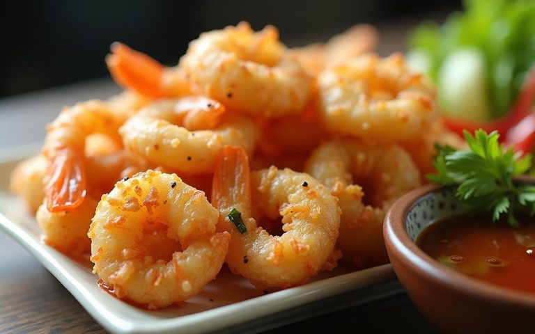 Assiette de tempura avec crevettes et légumes, accompagnée d'une sauce.