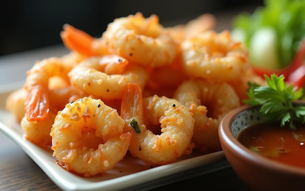 Assiette de tempura avec crevettes et légumes, accompagnée d'une sauce.