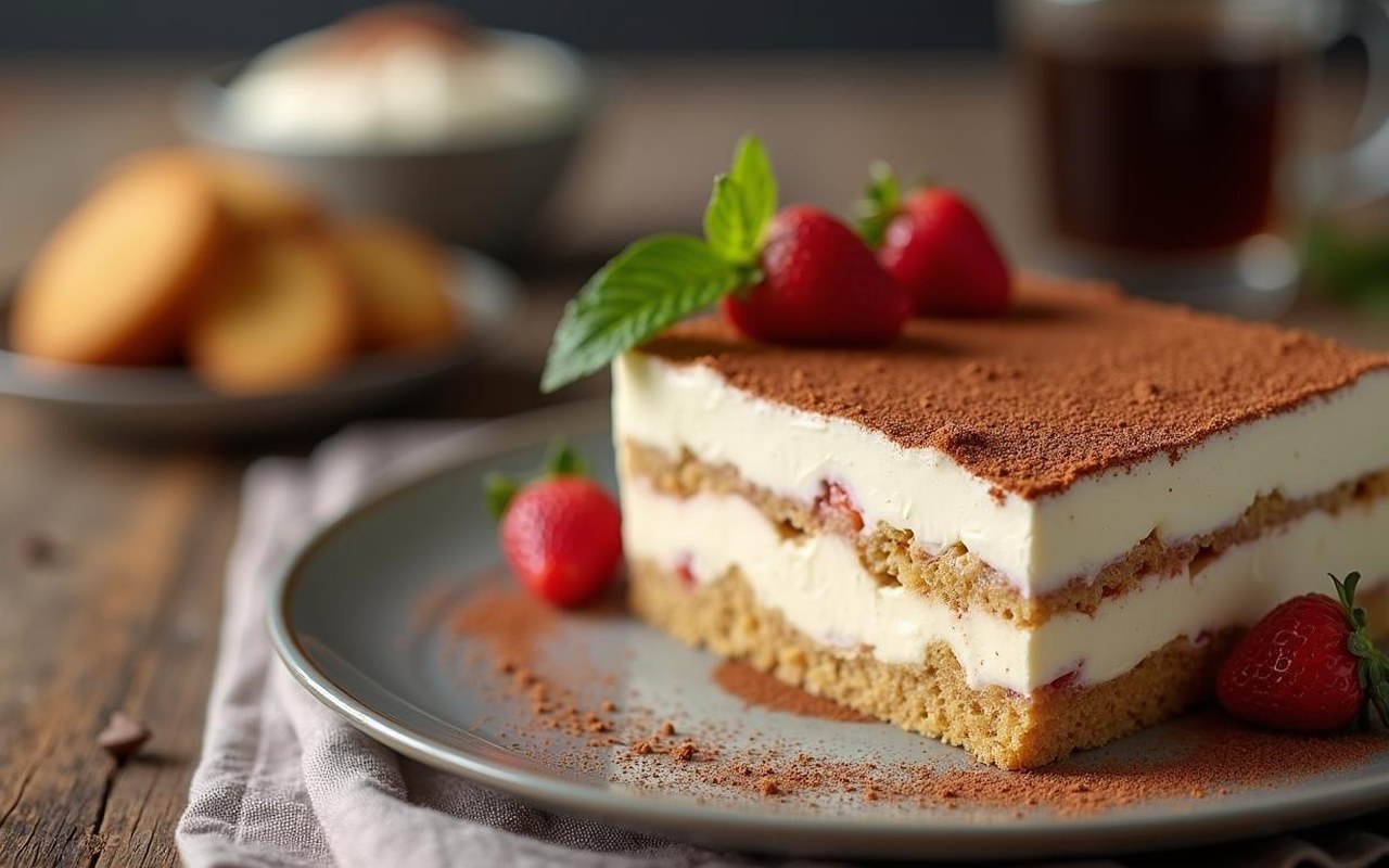 Tiramisu maison avec mascarpone et biscuits savoiardi, mettant en avant sa texture crémeuse.