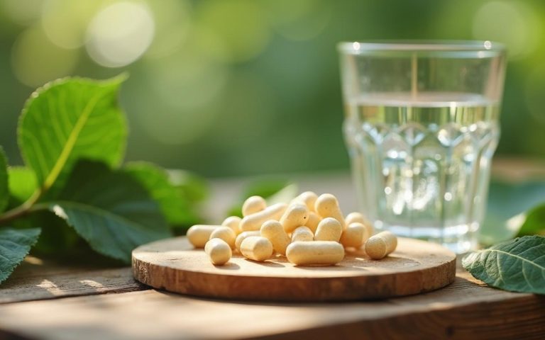 Gélules de konjac bio sur une table en bois avec des feuilles de konjac et un verre d'eau.