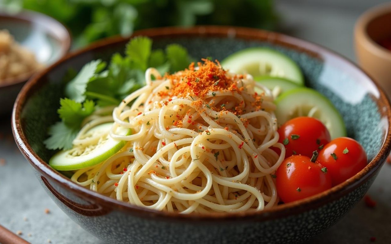 Bol de nouilles shirataki avec légumes frais, une option saine pour contrôler l'appétit.