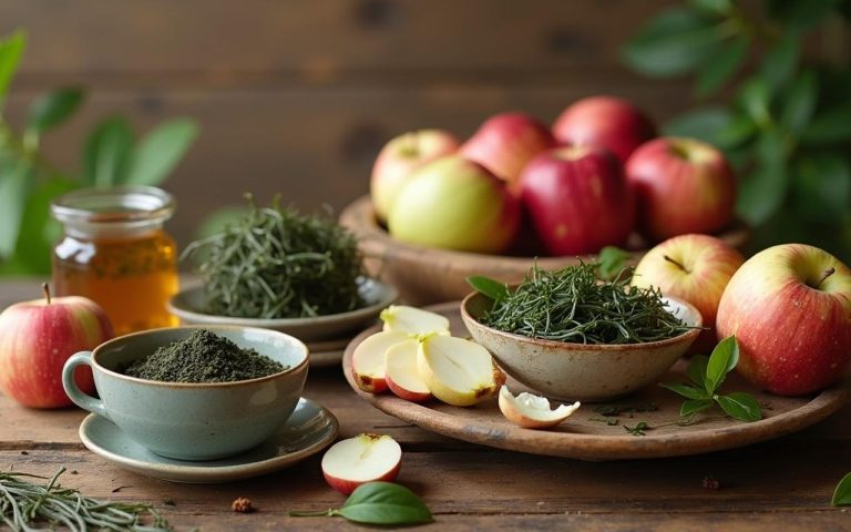 Composition d'aliments naturels coupe-faim sur une table en bois, incluant pommes, blancs d'œufs, thé vert et algues.