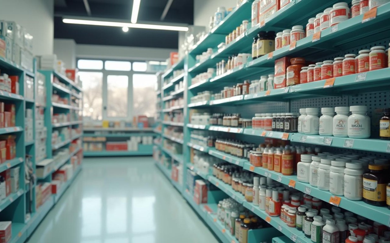Intérieur d'une pharmacie moderne avec des compléments alimentaires sur les étagères.