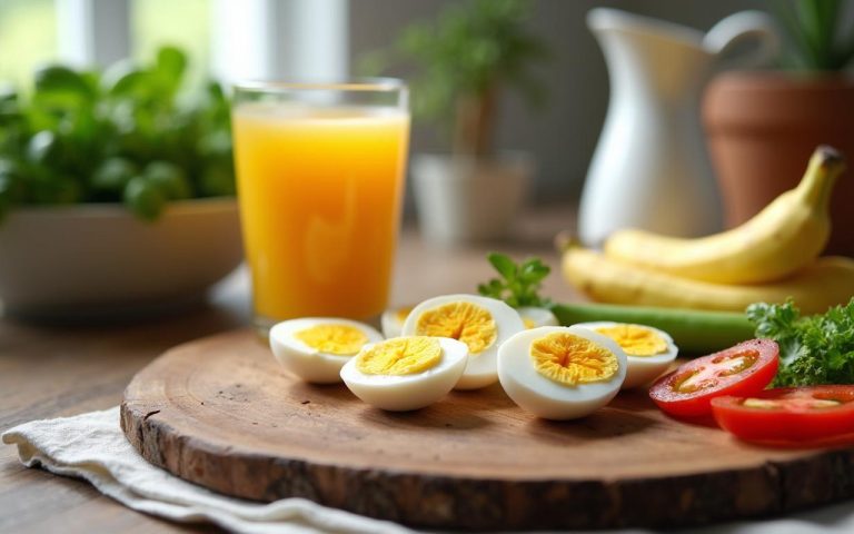 Petit-déjeuner équilibré avec œufs durs et légumes frais pour un régime sain.