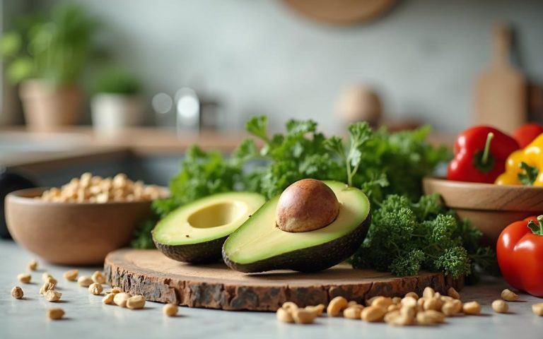 Aliments keto sains sur une table dans une cuisine moderne, favorisant la perte de graisse abdominale.