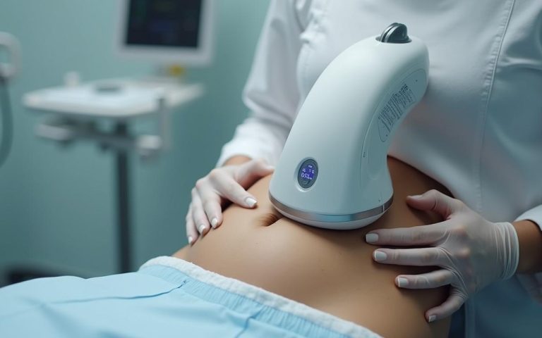 Séance de cryolipolyse pour la perte de graisse abdominale dans un cadre clinique moderne.