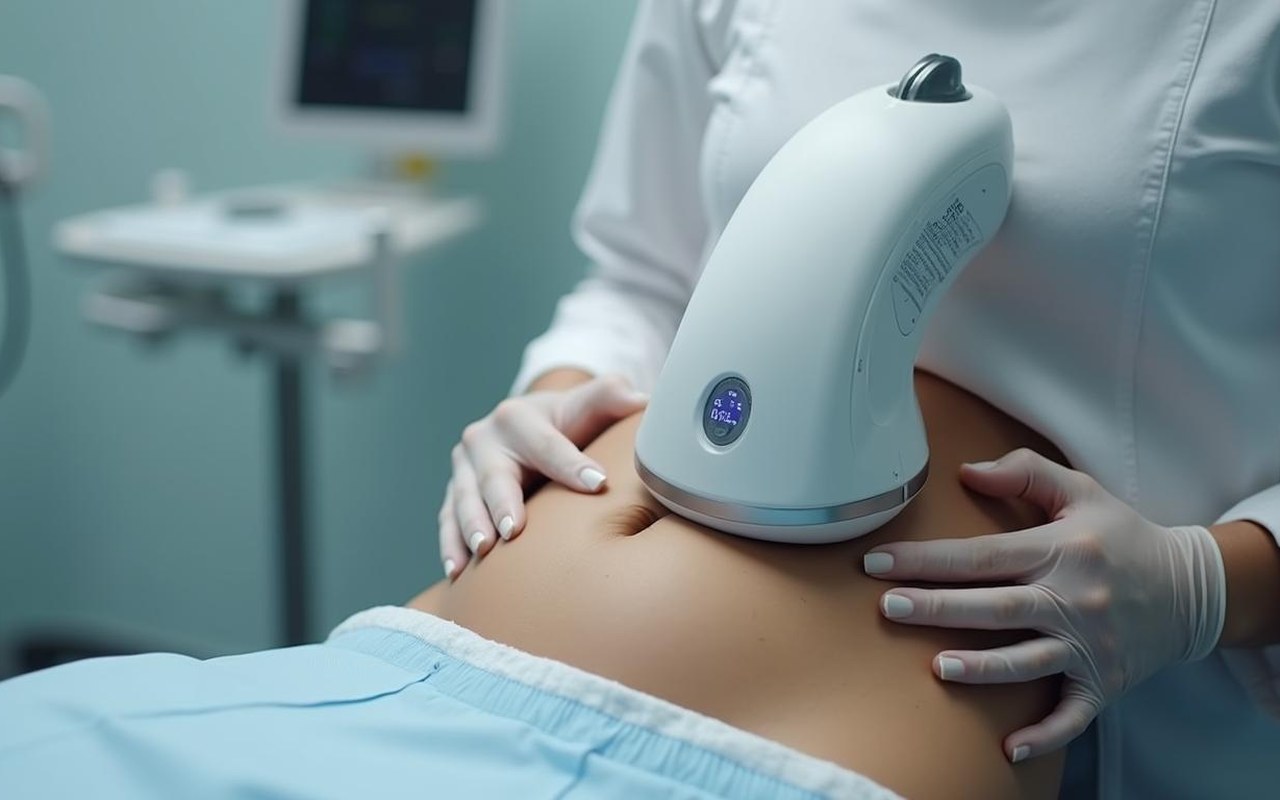 Séance de cryolipolyse pour la perte de graisse abdominale dans un cadre clinique moderne.
