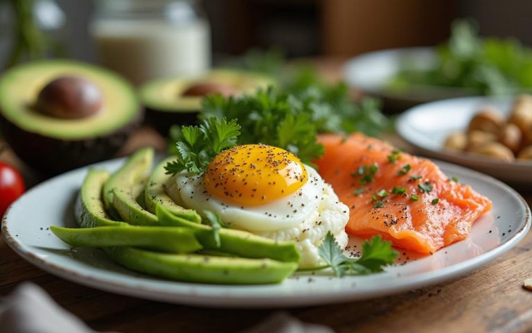 Table de cuisine avec des aliments cétogènes variés pour un régime équilibré.