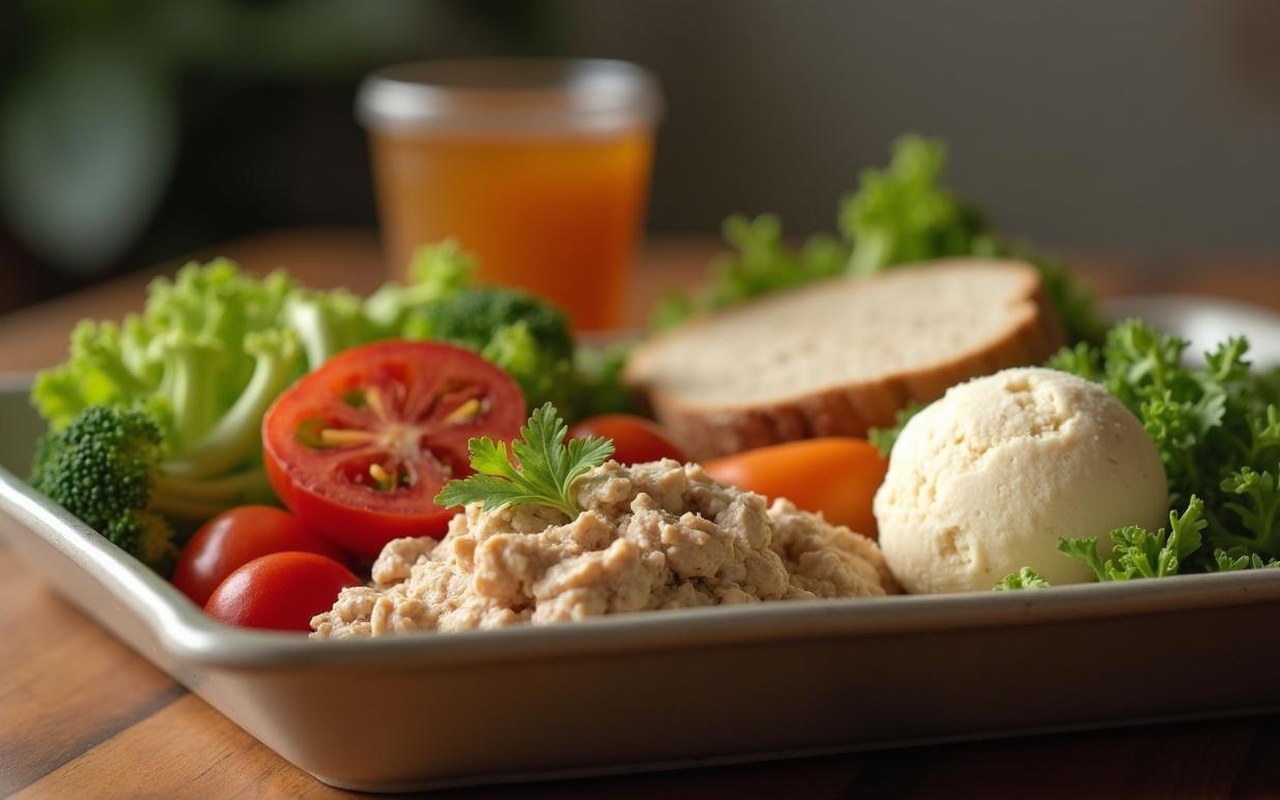 Plateau de repas du régime militaire avec pain complet, thon, légumes et glace à la vanille.
