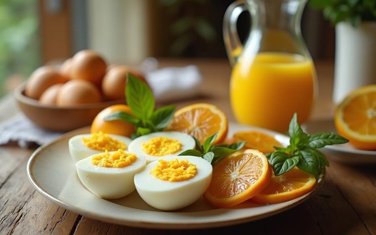 Petit-déjeuner équilibré avec œufs durs et agrumes sur une table en bois.