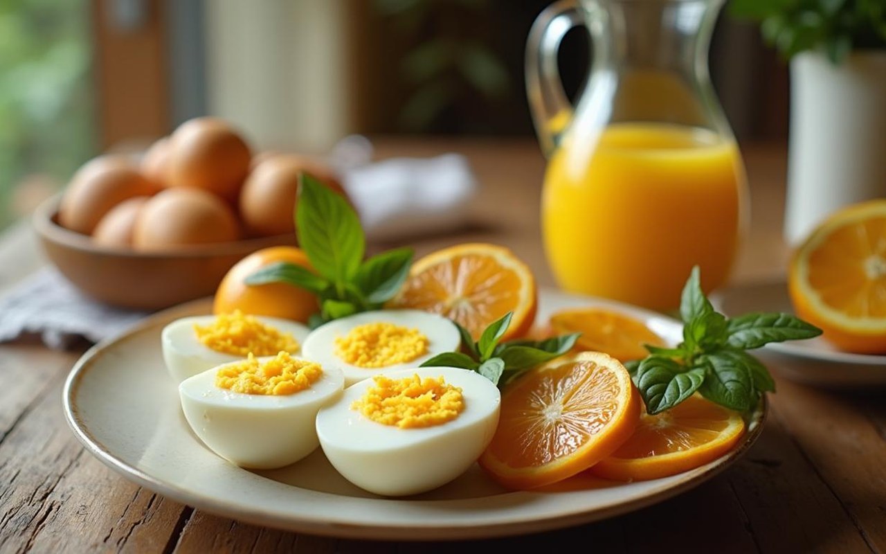 Petit-déjeuner équilibré avec œufs durs et agrumes sur une table en bois.