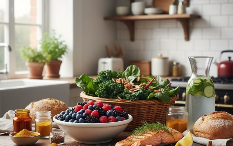 Table de cuisine avec des aliments anti-inflammatoires variés et colorés.