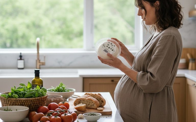 Femme enceinte vérifiant l'étiquette d'une burrata dans sa cuisine.