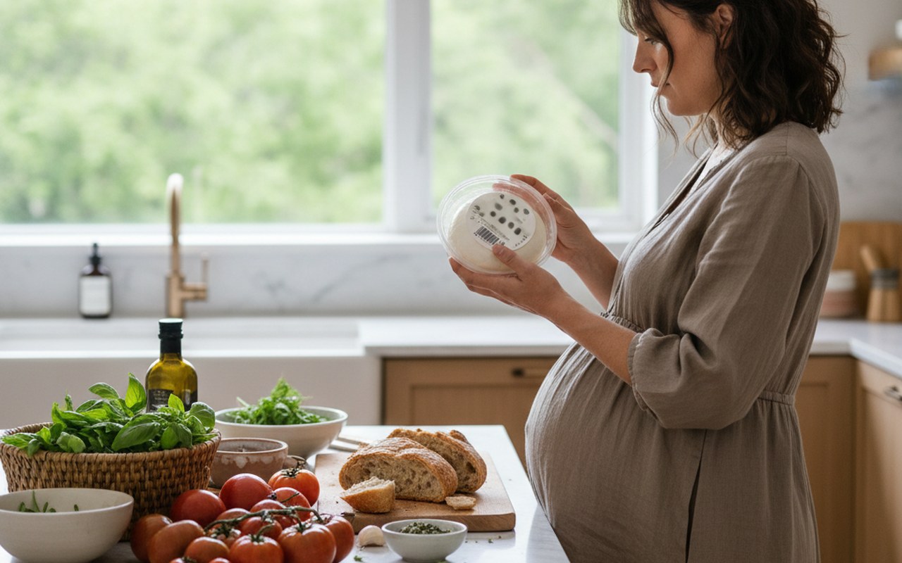 Femme enceinte vérifiant l'étiquette d'une burrata dans sa cuisine.