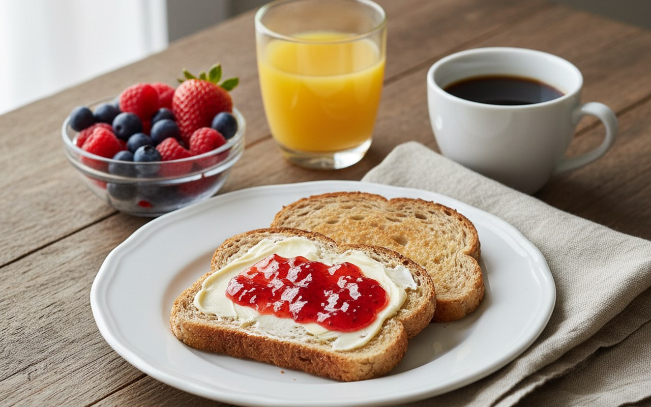 Petit-déjeuner équilibré avec des biscottes complètes, beurre et confiture.