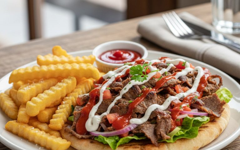Kebab garni avec frites, illustrant les composants caloriques du plat.