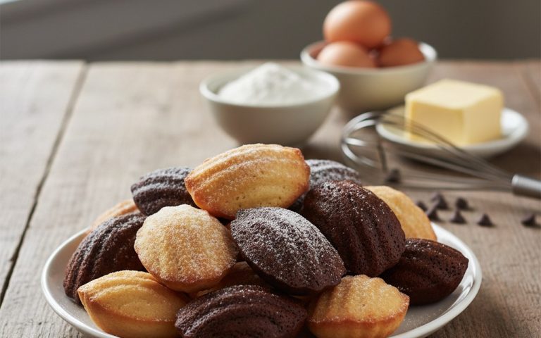 Assiette de madeleines variées sur une table en bois avec des ingrédients de base en arrière-plan.