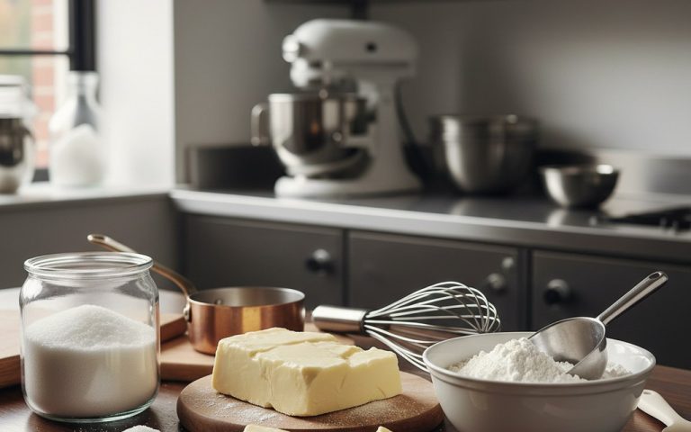 Ingrédients du chocolat blanc sur une table de cuisine professionnelle.