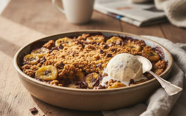 Crumble banane chocolat doré avec glace vanille, ambiance gourmande.