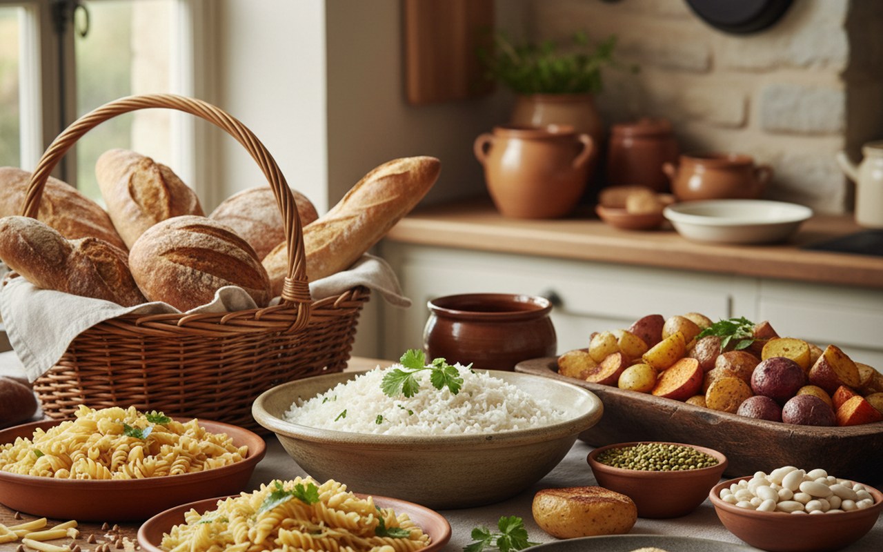 Table avec une variété de féculents : riz, pâtes, pain, légumineuses et tubercules.
