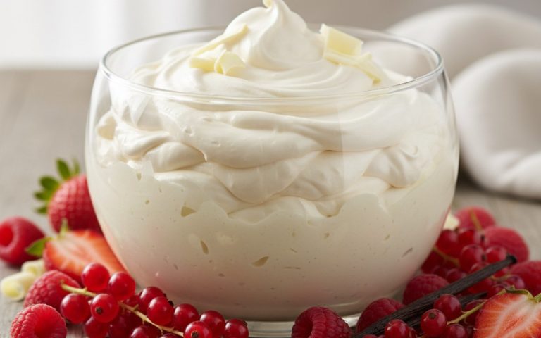 Bol de ganache montée au chocolat blanc avec fruits rouges et vanille, texture aérienne.