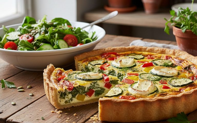 Quiche aux légumes colorée avec salade verte, mettant en avant ses bienfaits nutritionnels.