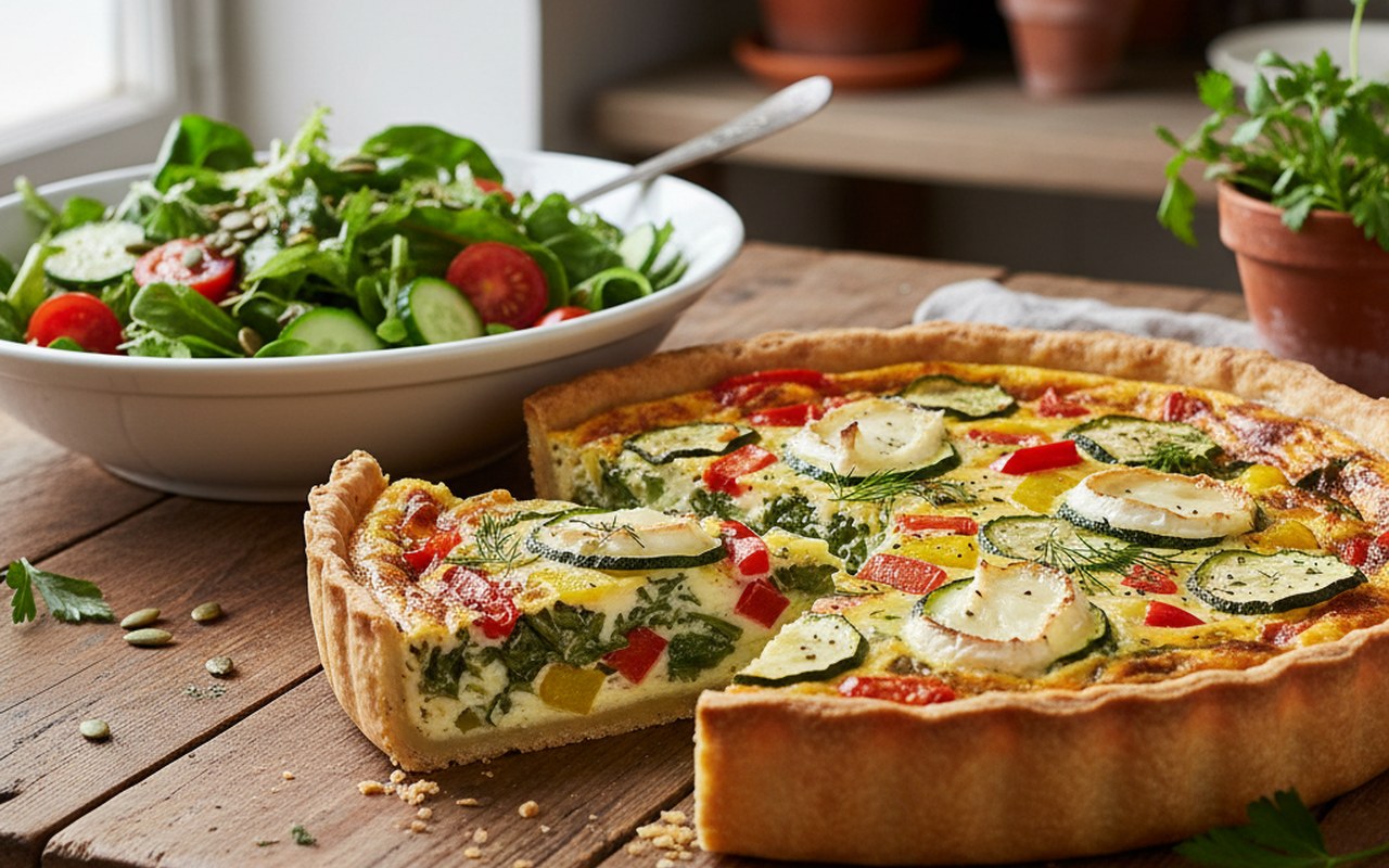 Quiche aux légumes colorée avec salade verte, mettant en avant ses bienfaits nutritionnels.