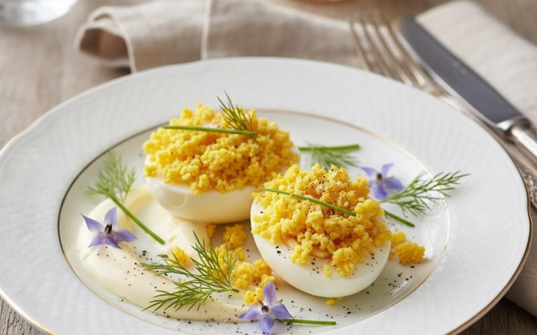 Plat d'œufs mimosa gastronomiques avec miettes dorées et mayonnaise maison.