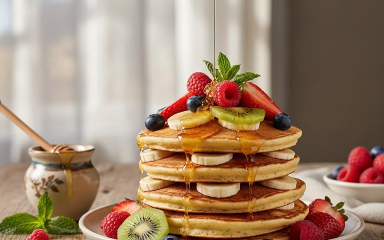 Pancakes protéinés à la banane avec fruits frais et miel sur une table en bois.