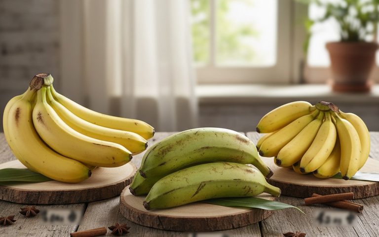 Différentes variétés de bananes avec leurs poids moyens sur une table en bois.
