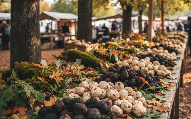 Marché de truffes avec truffes noires et blanches sur une table en bois.