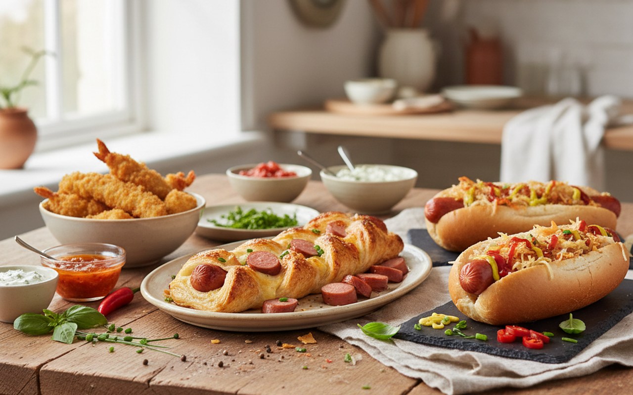 Table de cuisine avec plats variés à base de Knacki, feuilletés, beignets et hot-dogs.