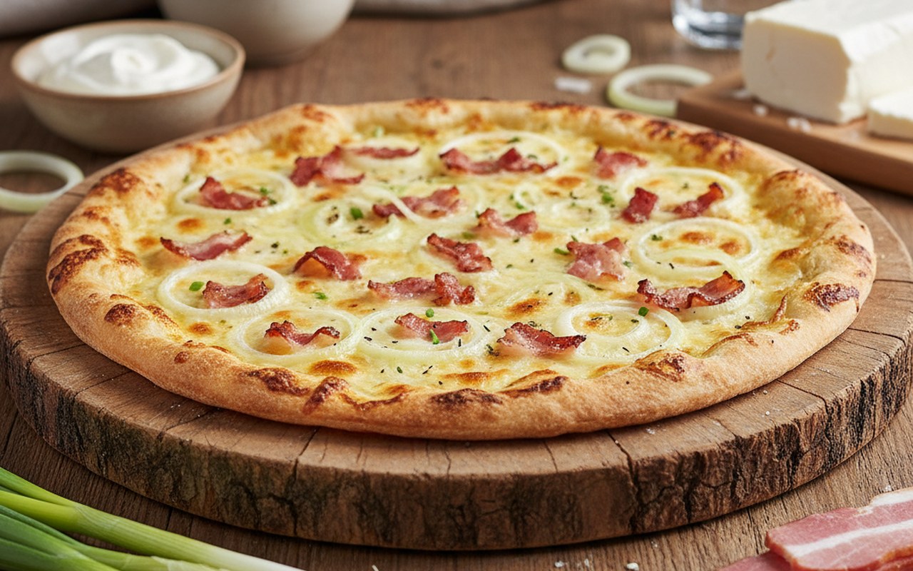 Tarte flambée alsacienne avec crème, fromage blanc, oignons et lardons sur une table en bois.
