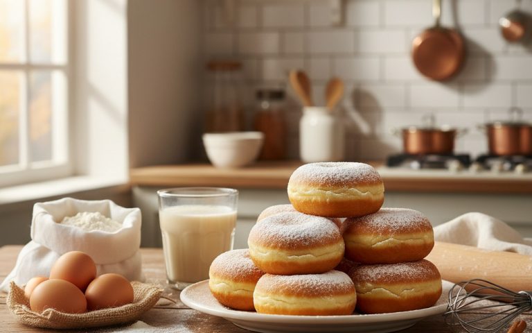 Beignets dorés et moelleux sur une table en bois avec des ingrédients de pâtisserie.